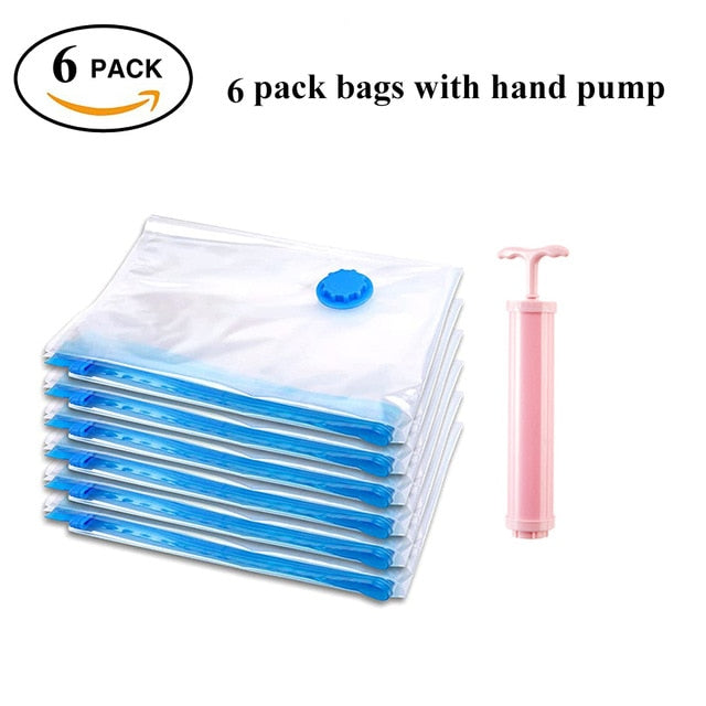 Durable Vacuum Storage Bags: For Clothes, Pillows, Bedding, Blankets and More.  Space Save Compression is great for Travel with  Hand Pump & Seal Zipper